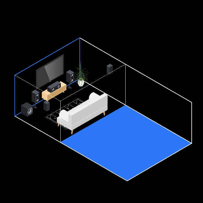 Diagram of a 5.1 surround sound system in a room with an eight-foot viewing distance