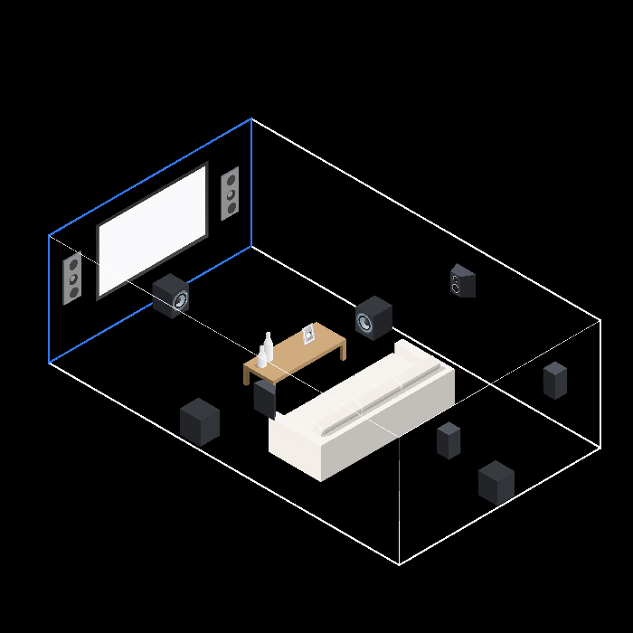 A diagram of a 7.1 surround sound system in a home theater with a twelve-foot viewing distance